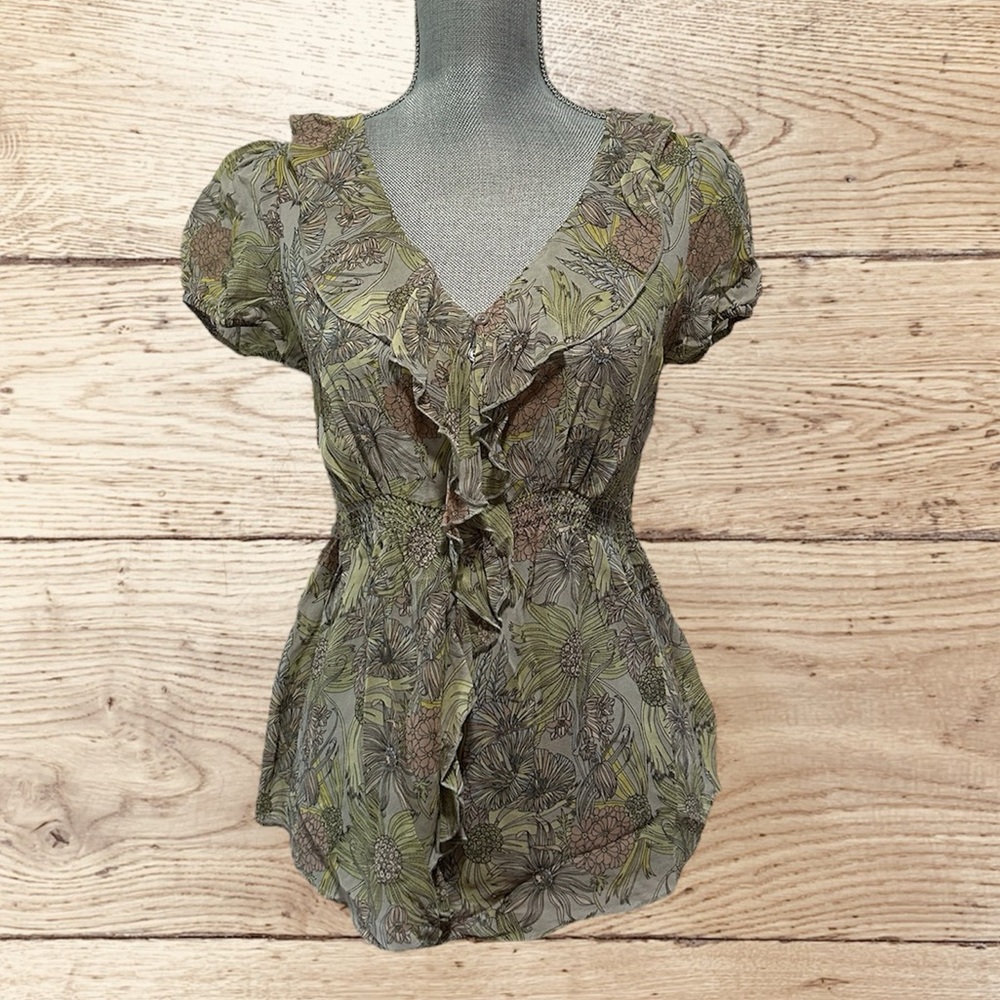 ANTHROPOLOGIE ODILLE Green Floral Blouse 100% Silk - Size 2